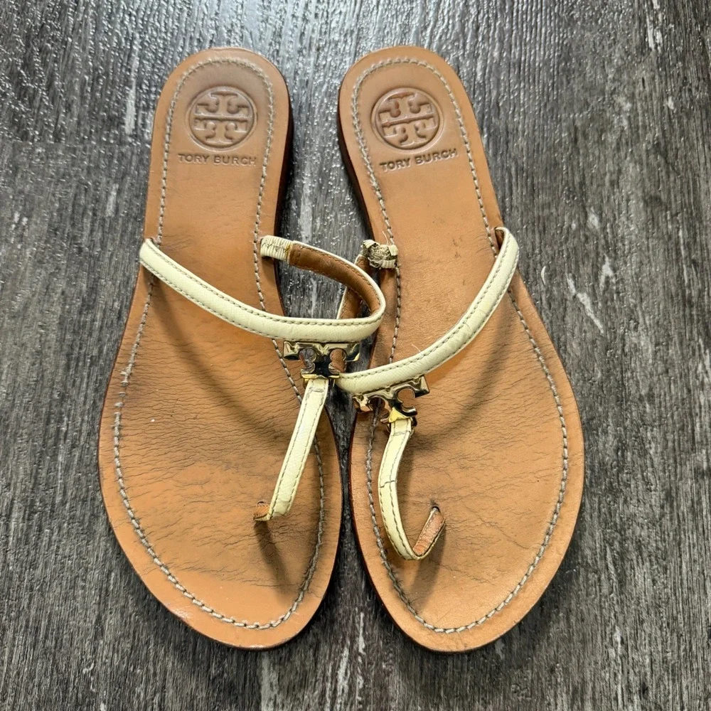 Tory Burch Miller Flip Flops Sandals Women Size 7.5 Cream Beige Gold Logo
